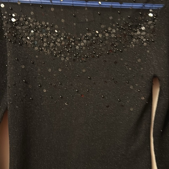 1 Once Again black sweater mesh neckline  sequin beads trim sparkles  size L - Picture 4 of 5